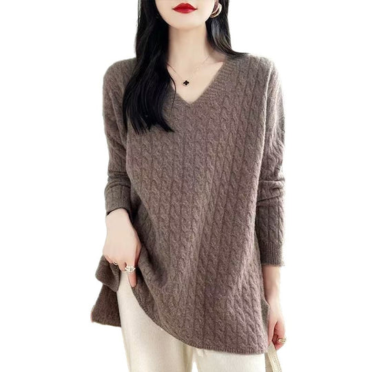 Damen Grobstrickpullover mit V-Ausschnitt und lässigem Schnitt Heidi-Mode