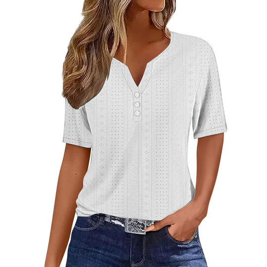 Damen Kurzarm Bluse mit Knopfdetails und feiner Lochmusterstruktur Heidi-Mode