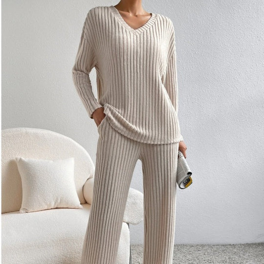 Damen Lässiges Freizeitsweat-Set mit V-Ausschnitt und weitem Schnitt Heidi-Mode