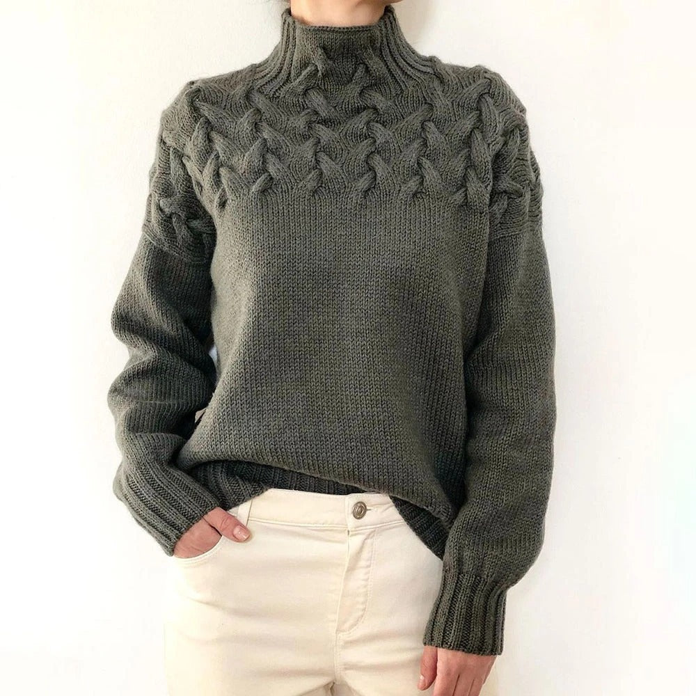 Damen Strickpullover mit hochgeschlossenem Kragen und trendigem Zopfmuster Heidi-Mode