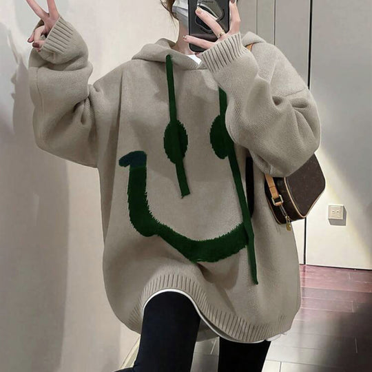Damen Lässiger Oversized-Pullover mit Smiley-Motiv Heidi-Mode