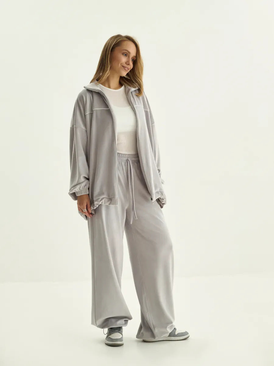 Damen sportliche Fleece-Jacke mit weitem Schnitt und kontrastierenden Details Heidi-Mode