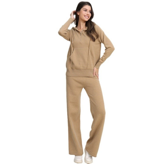 Damen lässiges Strick-Loungewear-Set mit Kapuze und weitem Bein Heidi-Mode