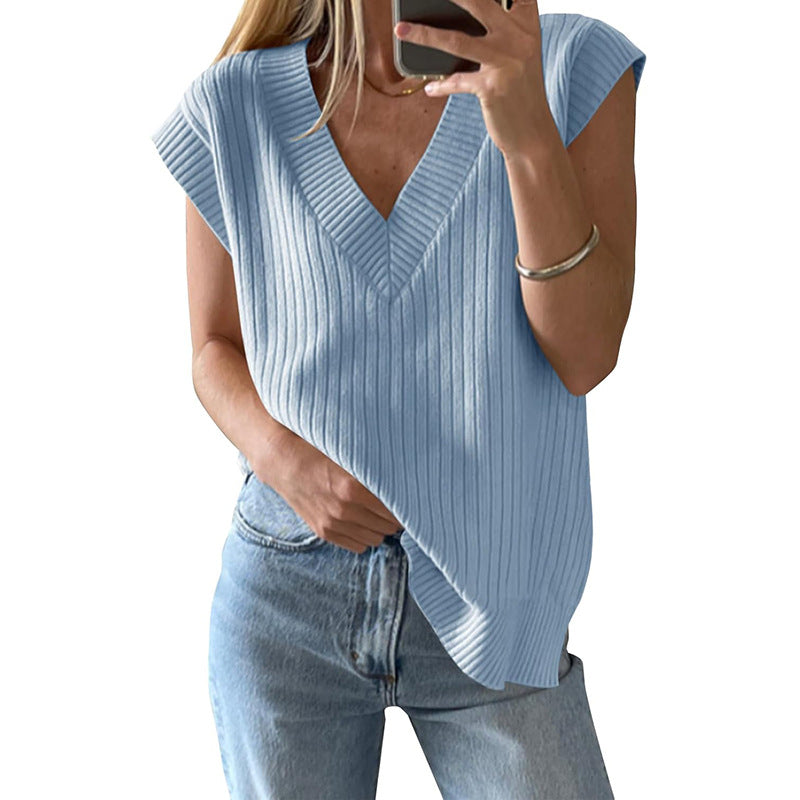 Damen lässiges V-Ausschnitt Oberteil aus Rippstrickmaterial Heidi-Mode