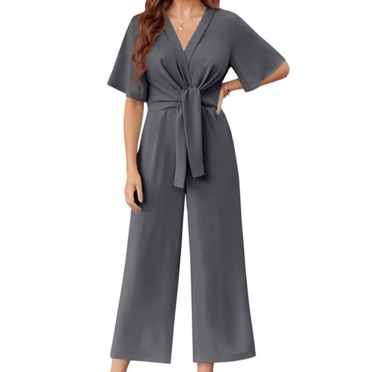 Damen eleganter Wickel-Jumpsuit mit weiten Beinen und Taillengürtel Heidi-Mode