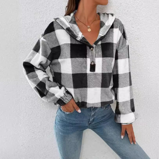 Damen Gemusterte Karo-Hoodie-Bluse Heidi-Mode