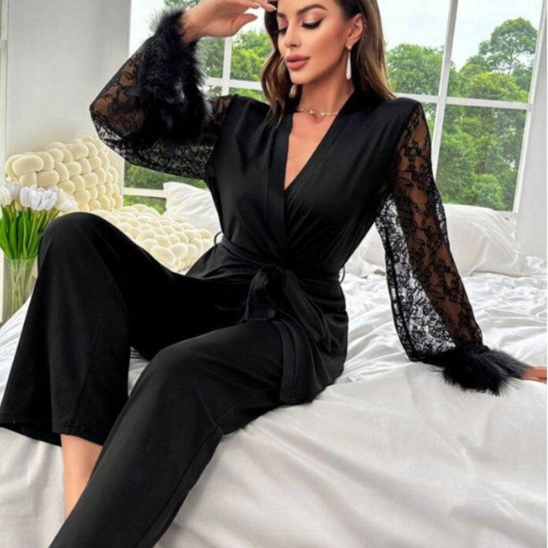 Damen elegantes Satin-Nachthemd mit Spitzenärmeln und Taillengürtel Heidi-Mode