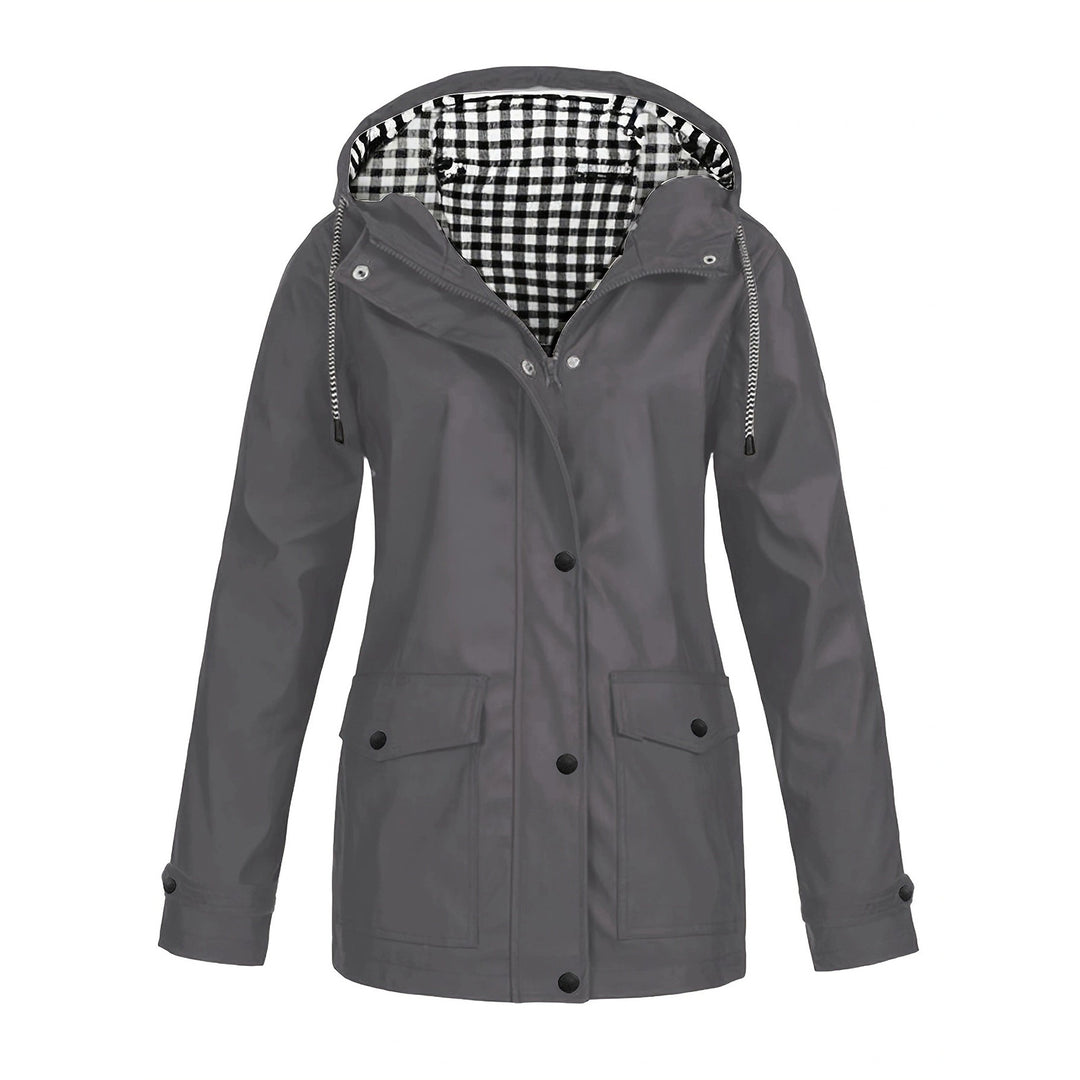 Damen modische Regenjacke mit kontrastierendem Innenfutter und praktischen Taschen Heidi-Mode