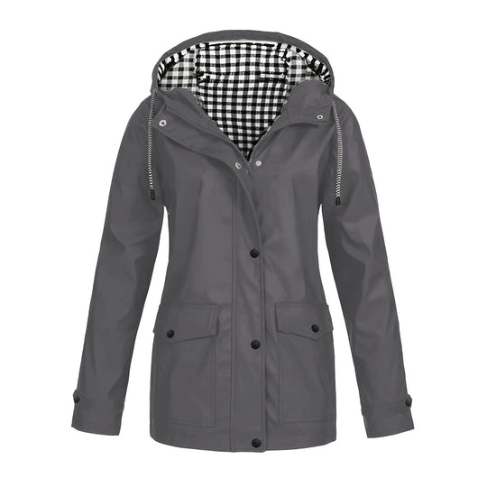 Damen modische Regenjacke mit kontrastierendem Innenfutter und praktischen Taschen Heidi-Mode