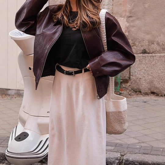 Damen modische Kunstlederjacke im lässigen Schnitt mit elastischem Bund Heidi-Mode