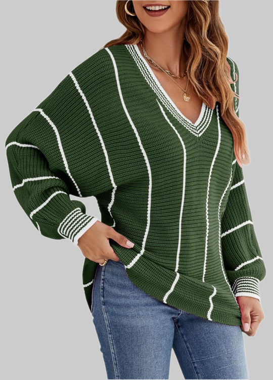 Damen lässiger V-Ausschnitt Pullover mit Streifenmuster Heidi-Mode