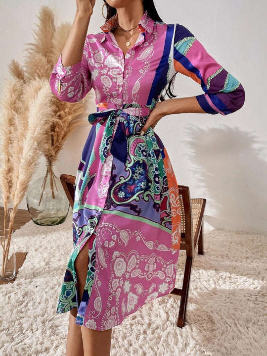Heidi-Mode | Langarm Gedruckter Gürtel Foulard Midi Kleid