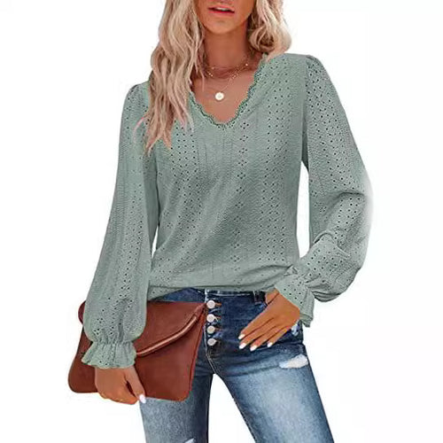 Damen Bluse mit Spitzenmuster und Ballonärmeln Heidi-Mode