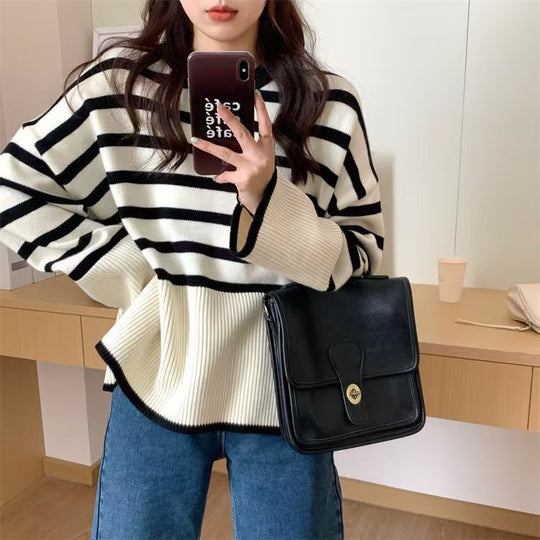 Damen gemütlicher Strickpullover mit Streifen Heidi-Mode