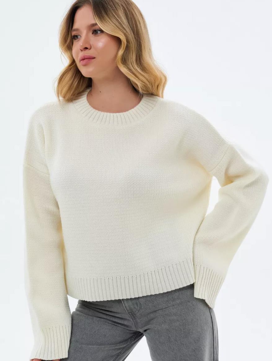 Damen gemütlicher Cropped-Pullover mit lässigen Ballonärmel und Rippstruktur Heidi-Mode