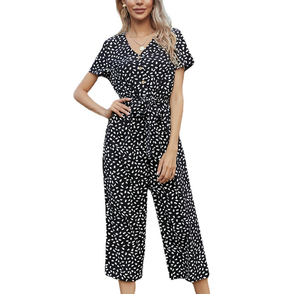 Damen Jumpsuit mit knöpfbarem Ausschnitt und Taillengürtel Heidi-Mode