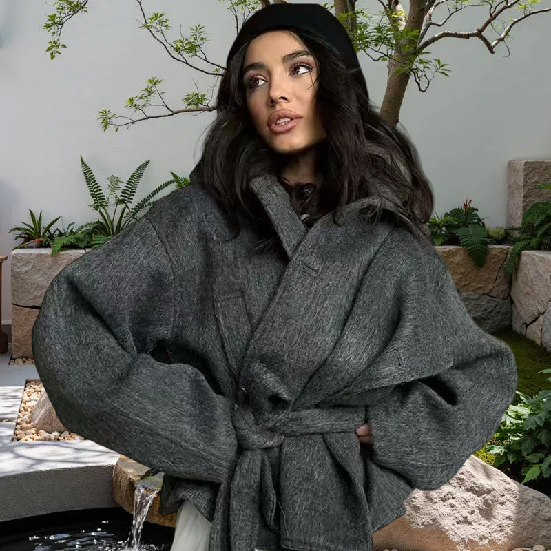 Damen Oversized Wollmantel mit Gürtel Heidi-Mode