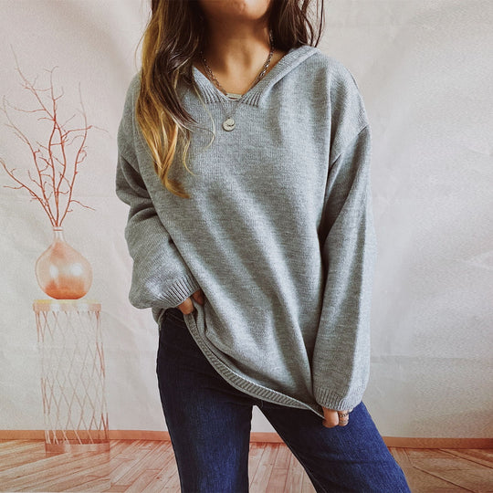 Damen lässiger Strickpullover mit Kapuze und weiten Ärmeln Heidi-Mode