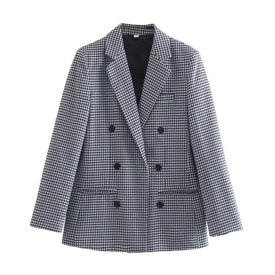Damen kariertes Blazerjacke mit doppelter Knopfreihe und idealem Schnitt Heidi-Mode