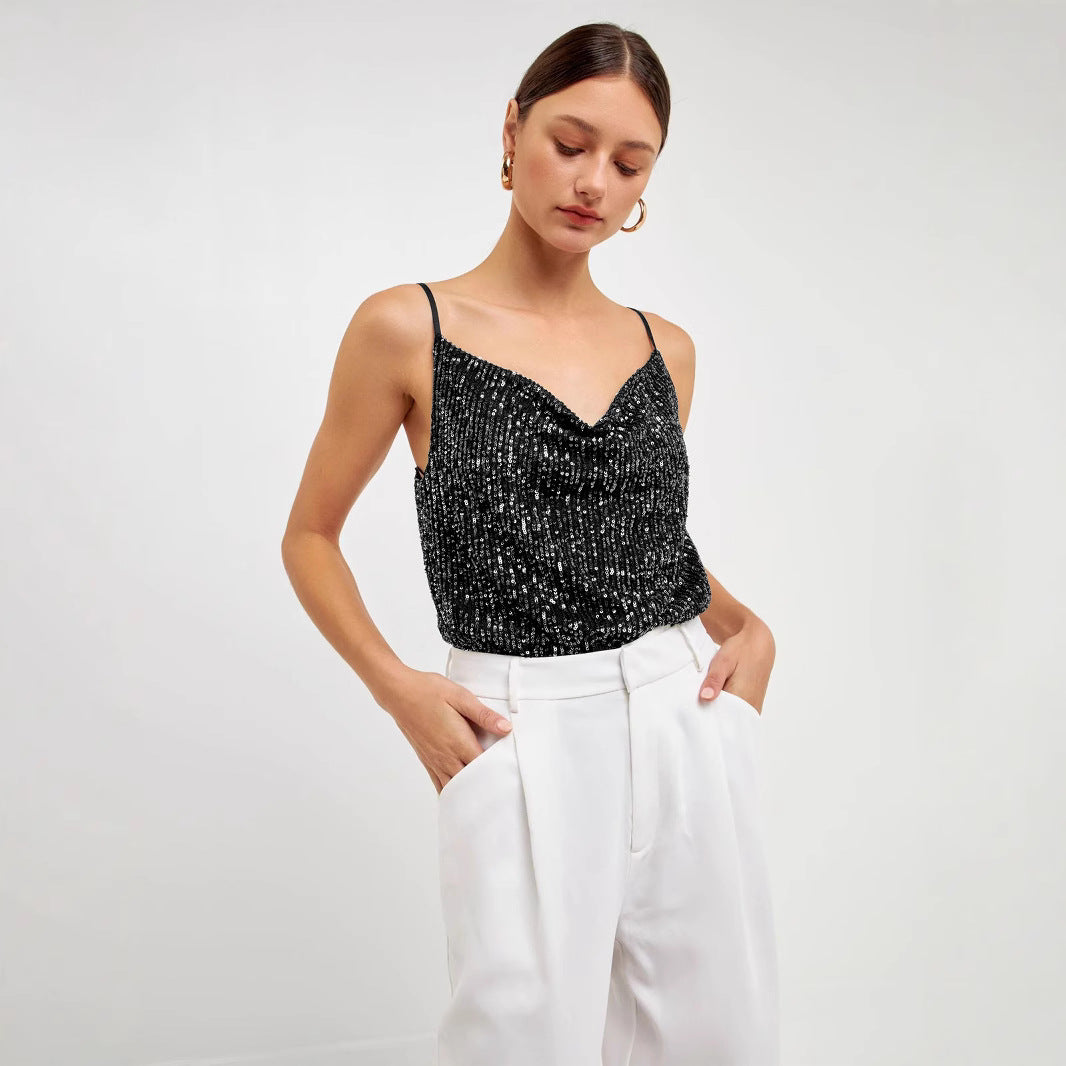 Damen Glitzerndes Spaghettiträgershirt mit V-Ausschnitt Heidi-Mode