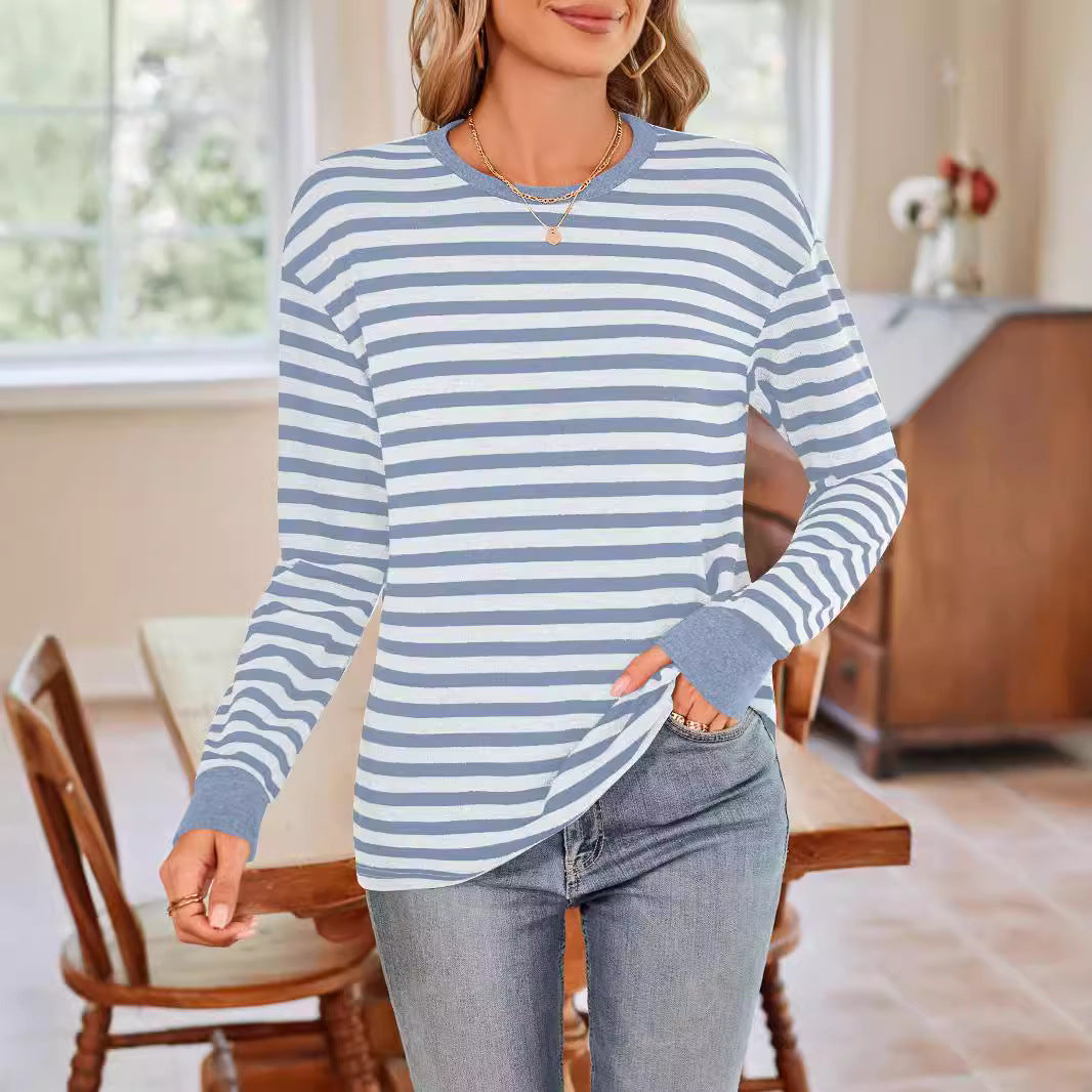 Damen bequemes Langarmshirt mit gestreiftem Design und Rundhalsausschnitt Heidi-Mode