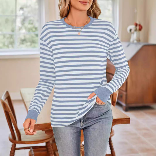 Damen bequemes Langarmshirt mit gestreiftem Design und Rundhalsausschnitt Heidi-Mode