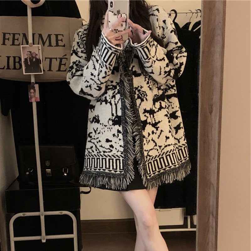 Damen Fransen-Strickjacke mit grafischem Muster und offenen Vorderteilen Heidi-Mode