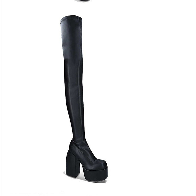 Damen Überknee-Stiefel mit klobigem Blockabsatz und elastischem Obermaterial Heidi-Mode