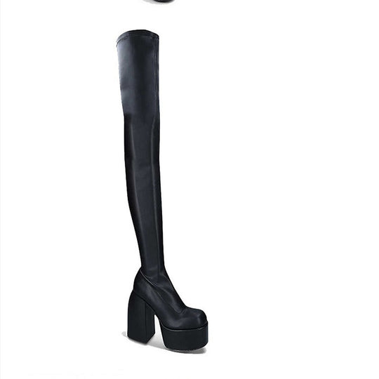 Damen Überknee-Stiefel mit klobigem Blockabsatz und elastischem Obermaterial Heidi-Mode
