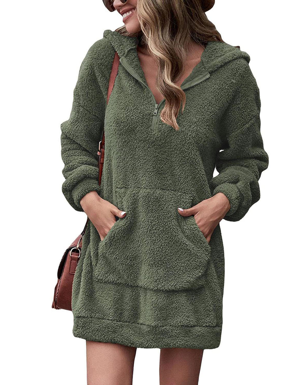 Damen kuscheliges Fleece-Kleid mit Kapuze und Taschen Heidi-Mode