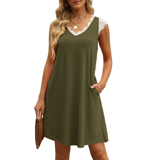 Damen ärmelloses Kleid mit Spitzendetail und seitlichen Taschen Heidi-Mode