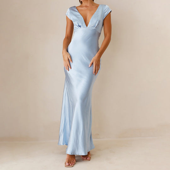 Damen langes Abendkleid mit schickem V-Ausschnitt und elegantem Fall Heidi-Mode