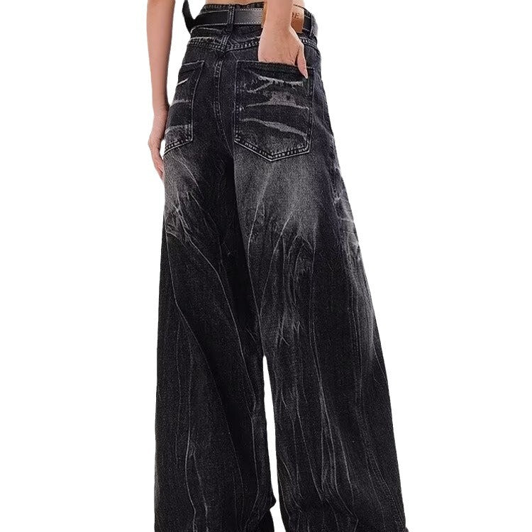 Damen Weite Jeanshose mit modischem Used-Look und hohem Bund Heidi-Mode