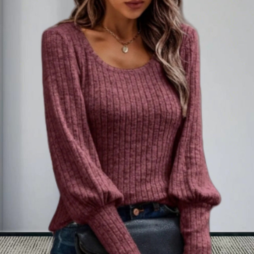 Damen Strickpullover mit Ballonärmeln und feinem Rippmuster Heidi-Mode