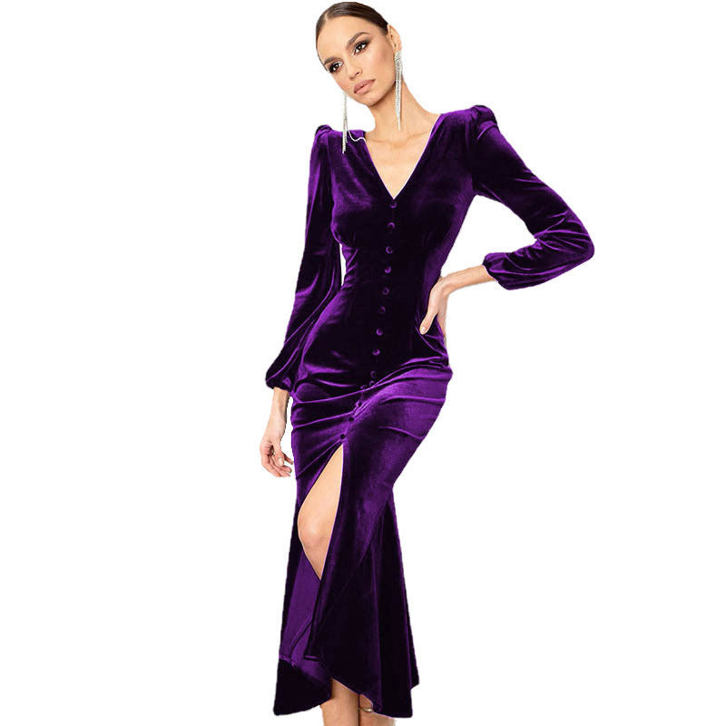 Damen Elegantes Samtkleid mit V-Ausschnitt und Puffärmeln Heidi-Mode