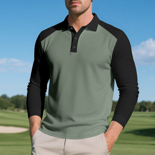 Herren Poloshirt mit Langarm und Kontrastärmel aus atmungsaktivem Baumwollmix Heidi-Mode