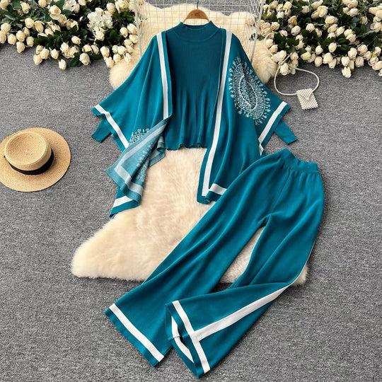 Damen lässiges Strickensemble mit langen Ärmeln und weitem Bein Heidi-Mode