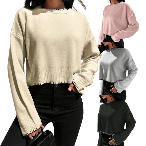 Damen lässiger Crop-Pullover mit strukturierten Säumen und Rundhalsausschnitt Heidi-Mode