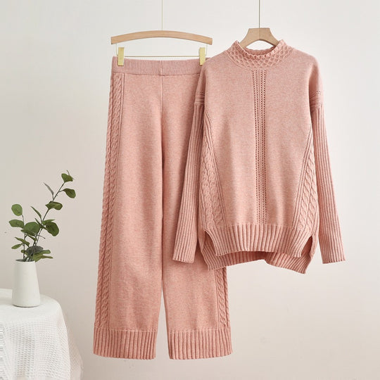 Damen komfortables Strick-Loungewear-Set mit hohen Bündchen und dekorativen Zopfmustern Heidi-Mode