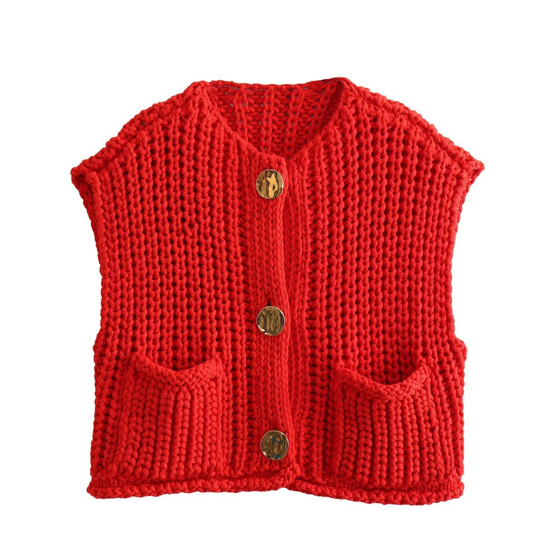 Damen Strickweste mit knopfverzierter Front und Taschen Heidi-Mode
