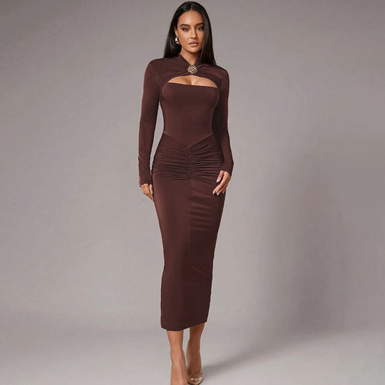 Damen Schulterfreies Kleid mit Raffungen und langem Arm Heidi-Mode