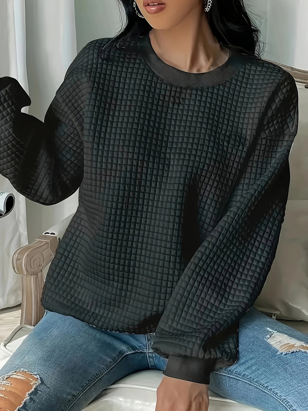 Damen Pullover mit strukturiertem Waffeldesign und lässigem Schnitt Heidi-Mode
