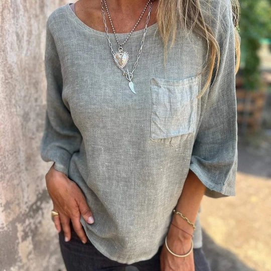 Damen lässiges Leinen-Oberteil mit lockerer Passform und Brusttasche Heidi-Mode