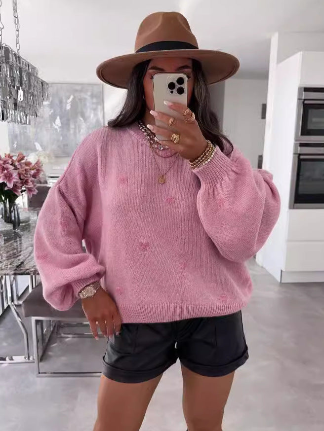 Damen lässiger Strickpullover mit herzförmigen Mustern und angeschnittenen Ärmeln Heidi-Mode