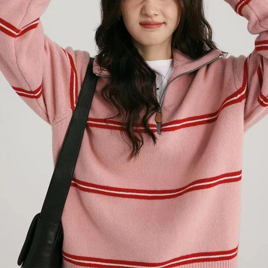 Damen gestreifter Pullover mit hohem Kragen und Reißverschluss Heidi-Mode
