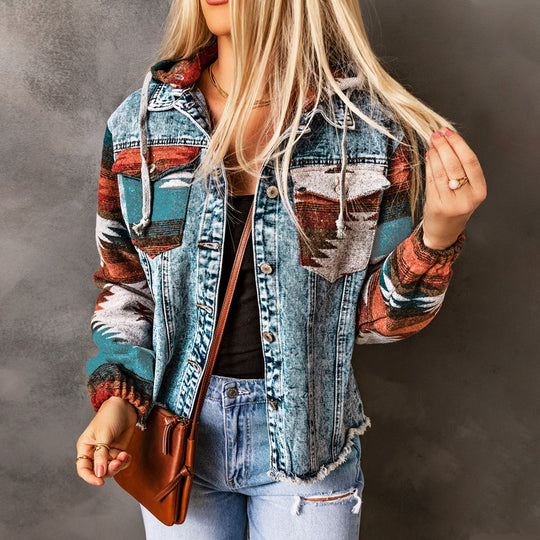 Damen Denimjacke im lässigen Boho-Stil mit Kapuze Heidi-Mode