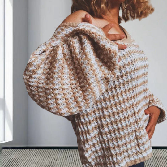 Damen Oversized Strickpullover mit off-Shoulder Design und modischem Rippenmuster Heidi-Mode