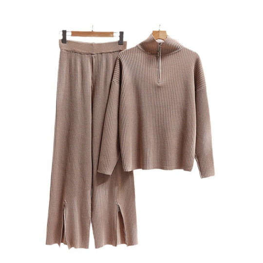 Damen lässiges Strickensemble mit hohem Kragen und seitlichen Schlitzen Heidi-Mode