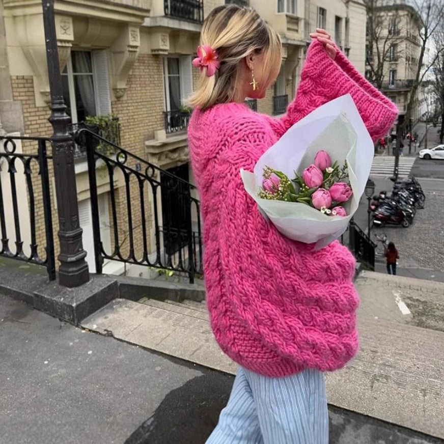 Damen oversize Strickpullover mit Zopfstrickmuster Heidi-Mode