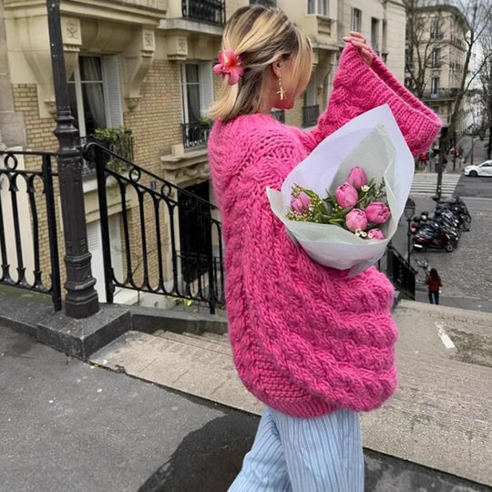 Damen oversize Strickpullover mit Zopfstrickmuster Heidi-Mode